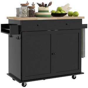 HOMCOM Rolling Kitchen Island with Storage Drawer, Wood Breakfast Bar Kitchen Island Cart 2 Doors, Spice Rack, Towel Racks and 2 Hooks - 1 of 4