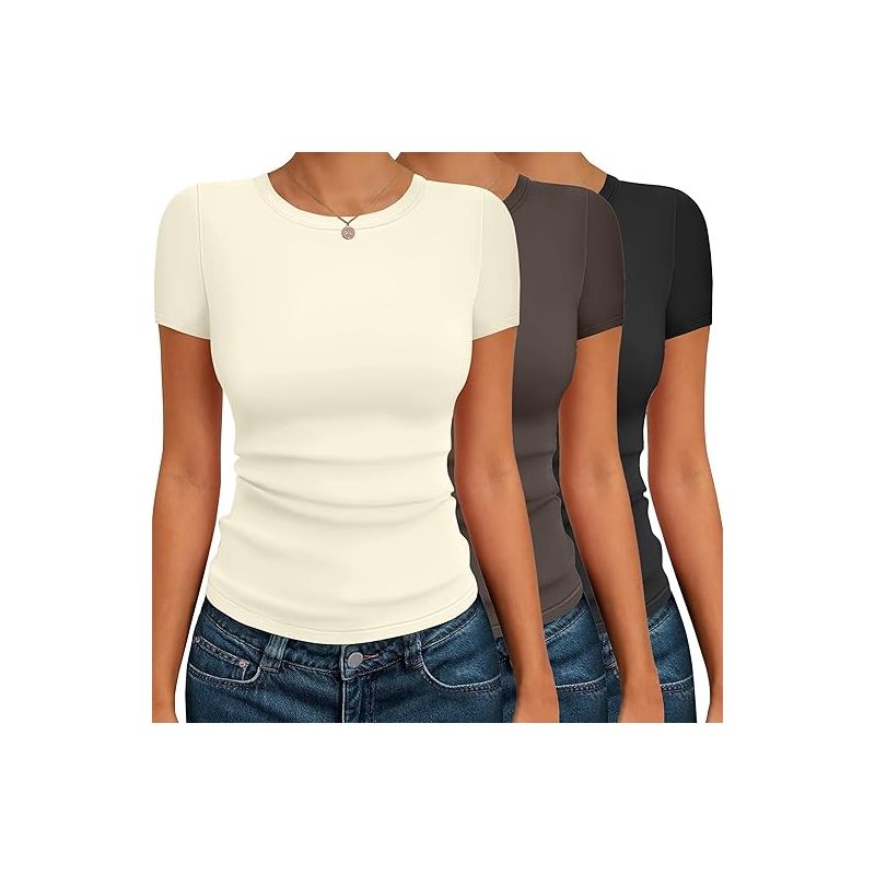 Ekouaer Womens Short Sleeve Shirts 3 Pack Crew Neck Tops Slim Fit Basic Tees Trendy Clothes Base Layer Black/Chestnut Brown/Beige XS