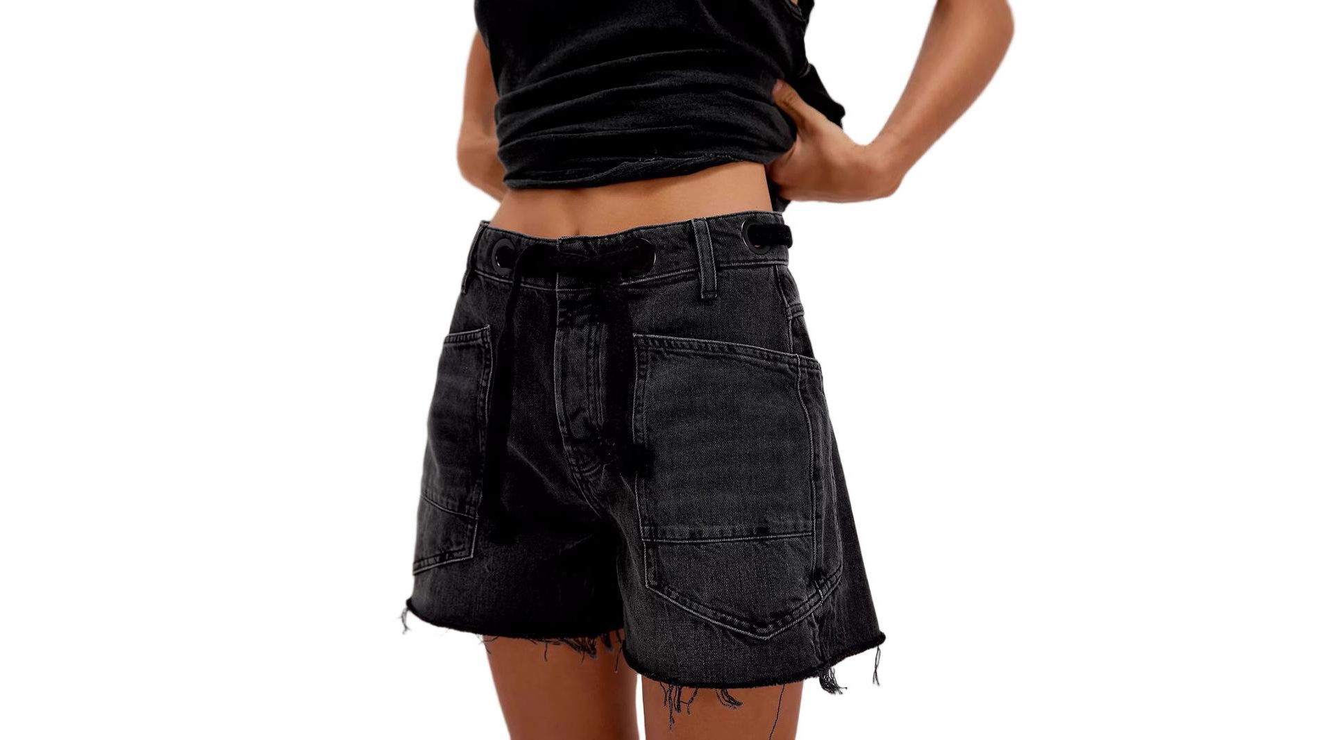 Drawstring Jean Shorts Womens Casual High Waisted Straight Leg Baggy Denim Shorts Summer Loose Fit Short Jeans