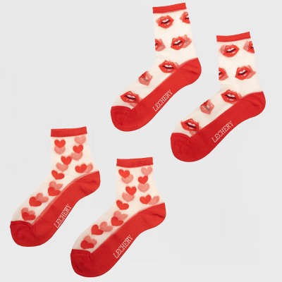 LECHERY Women's Hearts & Lips Sheer Crew Socks (2 Pairs)