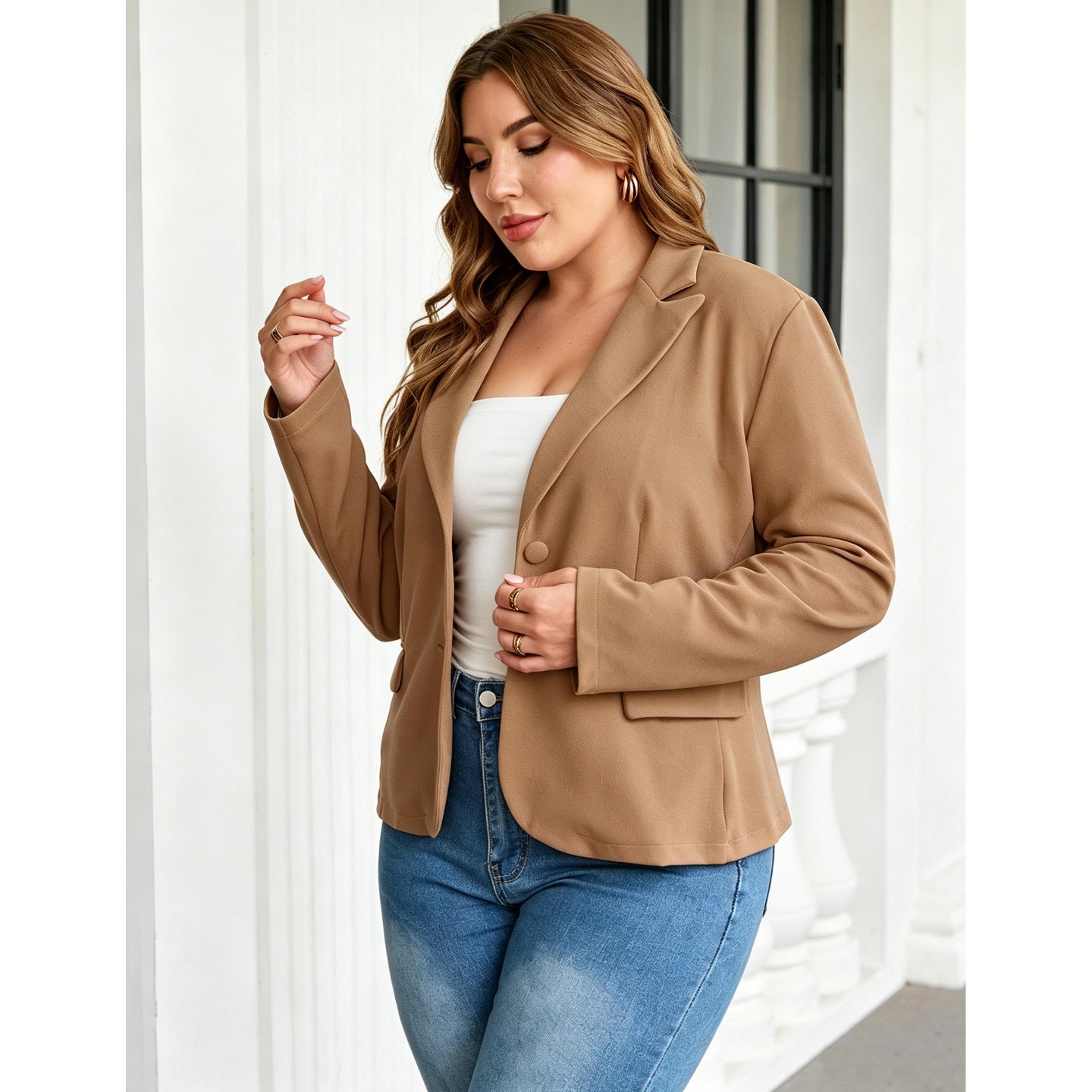 Женский пиджак YesFashion Plus Size Short Blazer with Pocket, Lapel Two Button Long Sleeve Casual Suit Jacket, Office Business Relaxed Outerwear Khaki, цвет: Хаки — фото 4