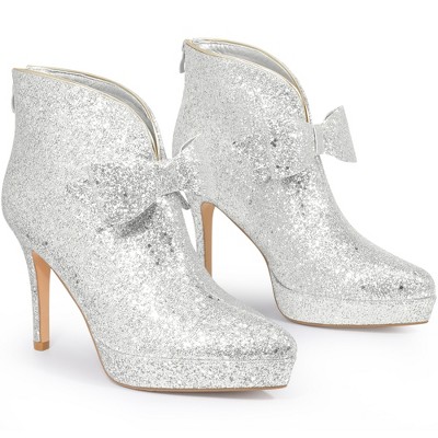 BLISSFUL STEP Women's Glitter Bow Stiletto Heel with Platform Ankle Boots