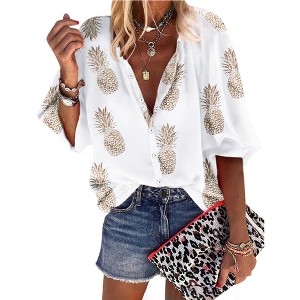 Nlife Women Pineapple Printed Lapel Collar Half Sleeves Buttons Down Blouse Shirt - 1 of 4