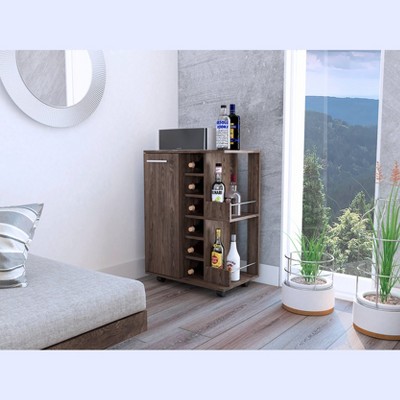 Vynxaria Dark Walnut Bar Cart with Two External Shelves, Six Wine Rack, Locking Casters