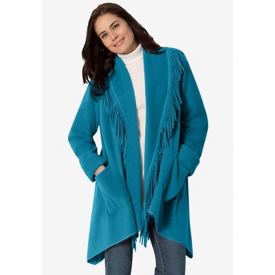 Woman Within Plus Size Fringed Shawl Collar Fleece Jacket