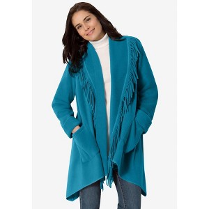 Woman Within Plus Size Fringed Shawl Collar Fleece Jacket - 1 of 4
