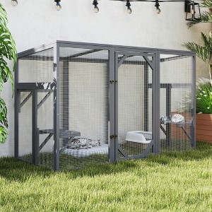 Sandinrayli Outdoor Cat Catio House, Wooden Cat Enclosure with 3 Platforms, Tilted PC Sun Roof, Patio Yard Window Cage, Gray - 1 of 4