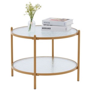 Small Matte Gold Round Coffee Table Water-Wave Glass - 1 of 4