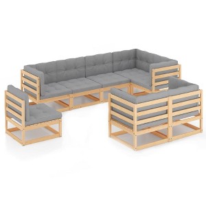 vidaXL Patio Furniture Set 8 Piece Outdoor Sectional Sofa Solid Wood Pine - Natural With Cushions - 1 of 4