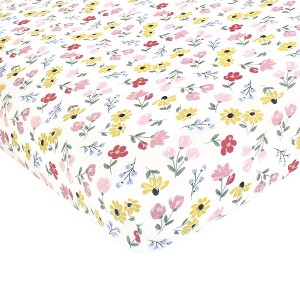 Hudson Baby Infant Girl Cotton Fitted Crib Sheet, Soft Painted Floral, One Size - 1 of 2