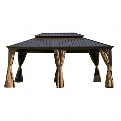 VisioGear 12'x18' Patio Hardtop Gazebo with Double Roof, Gazebo Pavilion for Patio and Backyard, Brown, 166.56"*142.92"*120.98"