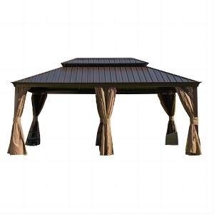 DOMETOUR 12'x18' Hardtop Gazebo, Aluminum Frame with Steel Double Roof, Curtains & Netting for Patio, Backyard, Lawn (Brown) - 1 of 4