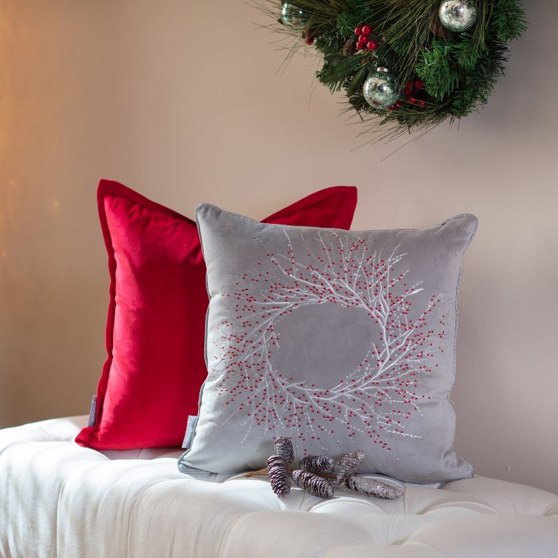 17&#34;x17&#34; Velvet Christmas Wreath Square Throw Pillow Gray - Pillow Perfect, 5 of 7