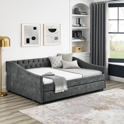 Full Size Upholstered Button Tufted Sofa Bed With Drawers And Waved Shape  Arms, Gray - Modernluxe : Target