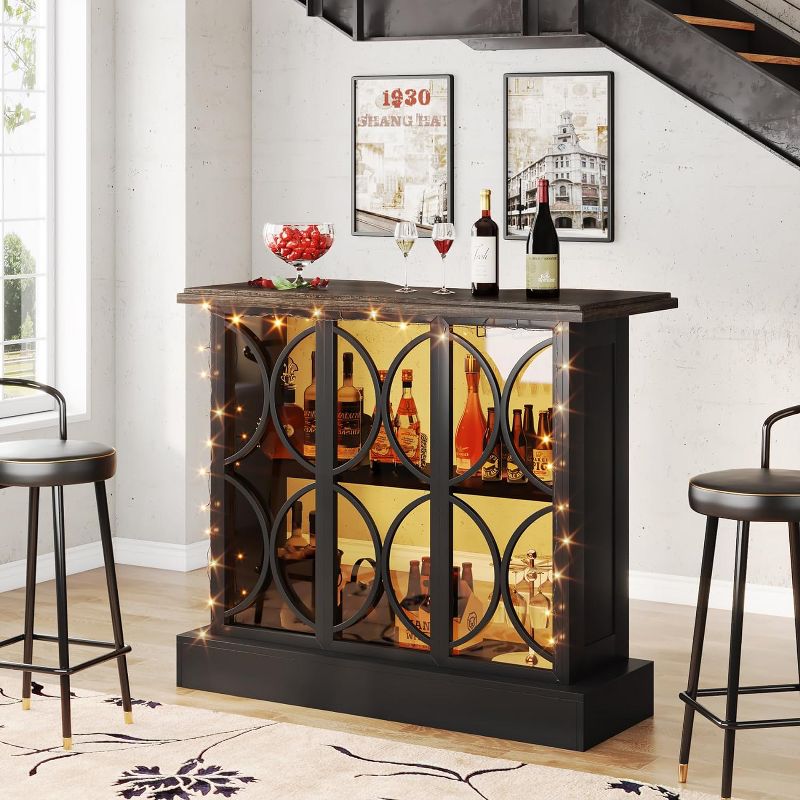 Tribesigns Industrial Liquor Bar Table with Storage and Glasses Holder, 3-Tier Bar Cabinet Mini Bars with Acrylic Front for Home Kitchen Pub, 4 of 10