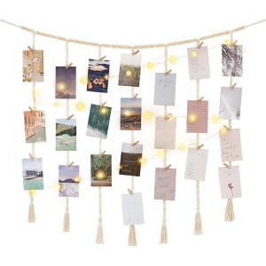 Aoibox Macrame Hanging Photo Display with String Lights, Wooden Beads Garland Collage Picture Frame Holder with 45 Clips for Wall Decor - 1 of 4