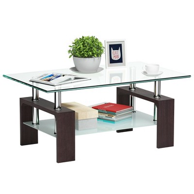 Costway Rectangular Tempered Glass Coffee Table w/Shelf Wood Living Room Furniture