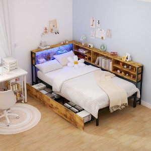 Ridstar 46.8 in. W Twin Size Corner Bed Frame with Storage Bookcase & Storage Drawers-Brown - 1 of 4