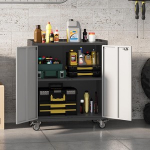 46" Rolling Garage Storage Cabinet with Locking Doors - Heavy-Duty Metal Shelving Unit, Mobile Tool Organizer for Home Office Workshop Organization - 1 of 4