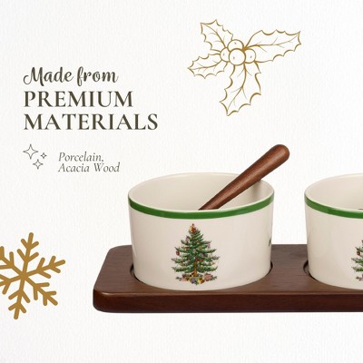 15" Beige and Green Ceramic Christmas Condiment Bowl Set with Wood Tray