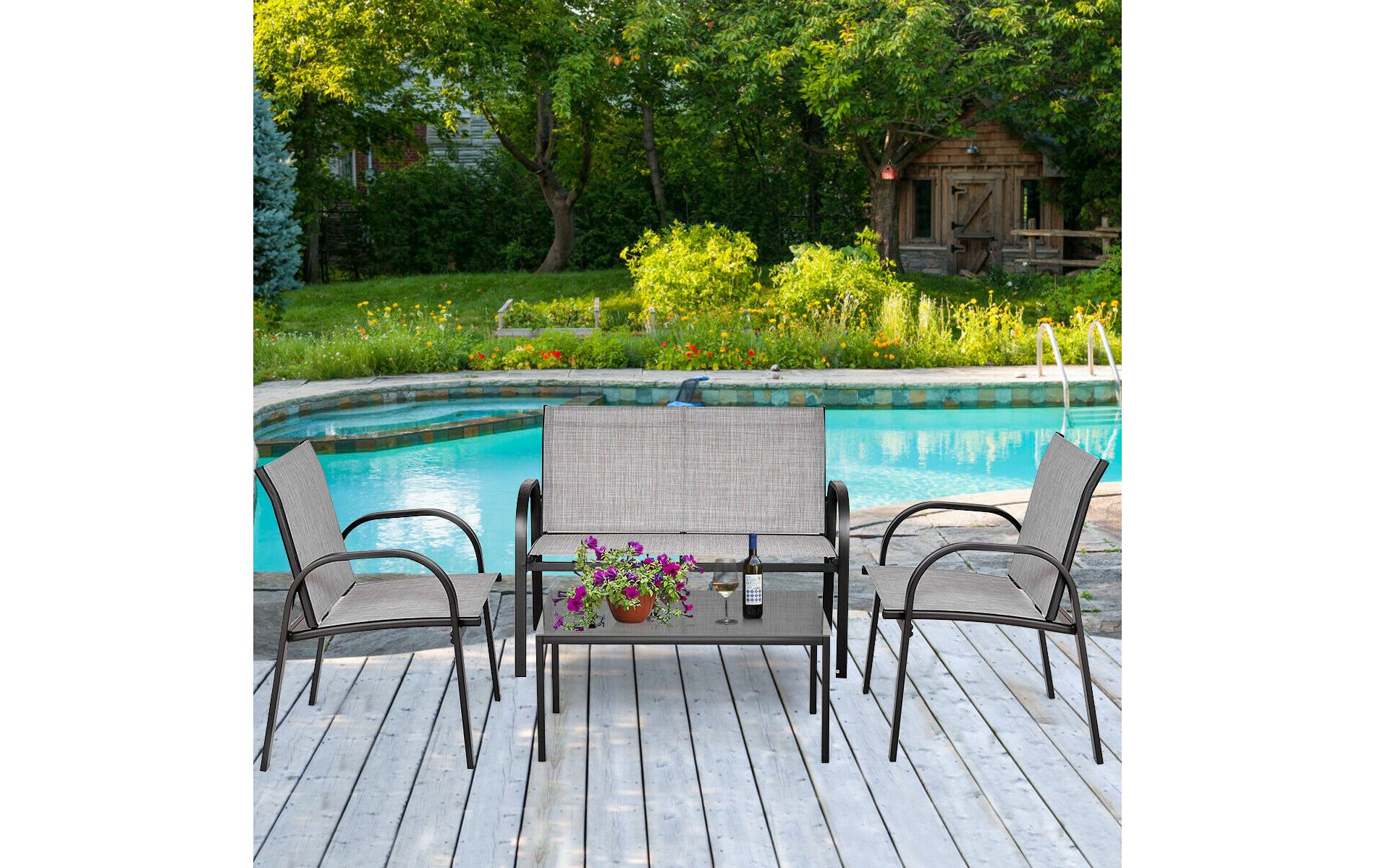 Costway 4 PCS Patio Furniture Set Sofa Coffee Table Steel Frame Garden Deck Gray