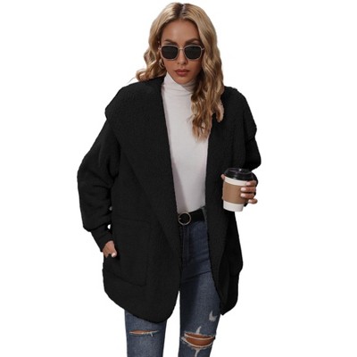 Coolmee Women's Long Hoodies Open Front Fleece Jackets Loose Fit Sweatshirts Fall Winter Fashion Casual Clothes with Pockets S Black