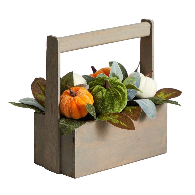 Nearly Natural 10-in Fall Pumpkin Artificial Autumn Arrangement in Wood Basket, 3 of 5