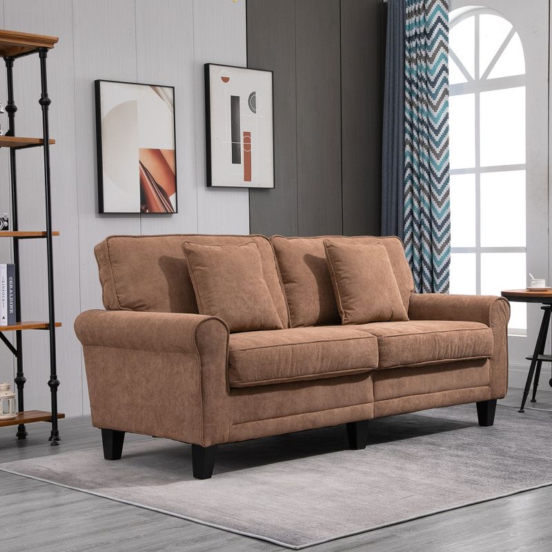 HOMCOM Modern 3-Seater Sofa 78" Thick Padded Comfy Couch with 2 Pillows, Corduroy Fabric Upholstery, Pine Wood Legs and Rounded Arms for Living Room, 3 of 7