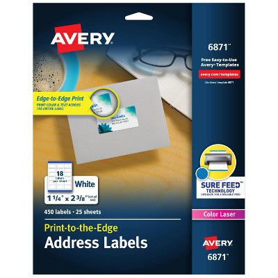 Avery 06871, Color Printing Mailing Labels, 1 1/4 x 2 3/8, White, 450/Pack