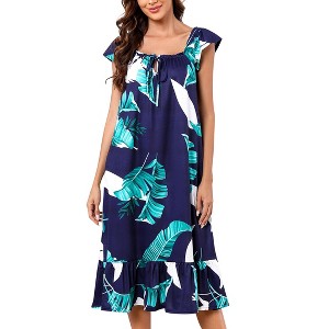 Womens Pajama Cap Sleeve Night Dress Floral Nightgowns with Ruffle Hem - 1 of 4