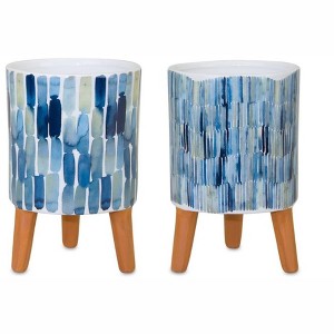 HomeRoots Set of Two Blue Terra Cotta And White Ceramic 2 Ounce Round Raised Pot Planters - 1 of 4
