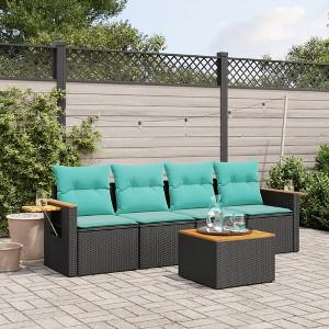 5 Piece Patio Sofa Set with Cushions Black Poly Rattan (US only) vidaXL - 1 of 4