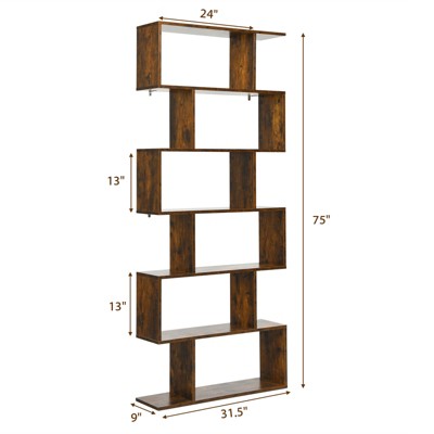 Modern 6-Tier S-Shaped Coffee Wooden Bookshelf