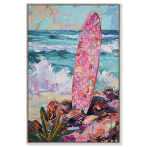 Art Remedy Colorful Surfboard in the Sand Colorful Coastal Wall Art Framed - 1 of 4
