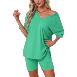 INSPIRE CHIC Women's Oversized V Neck Workout Tracksuit T-Shirts Tops with Biker Shorts Pajamas Lounge Set 2 Pcs - 1 of 4