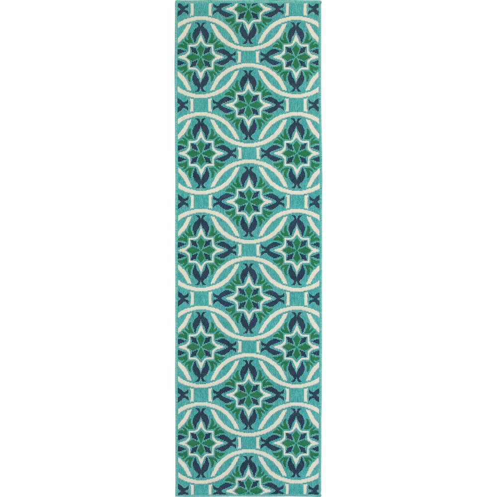 2'3inx7'6in Marlowe Floral Lattice Patio Rug Blue/Green