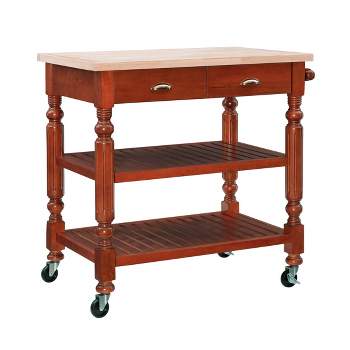 Barker Dark Cherry/Natural Wood Kitchen Cart/Island Storage Drawers Shelves Locking Wheels -Linon