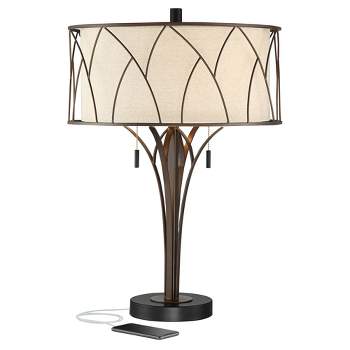 Franklin Iron Works Sydney Modern Mid Century Table Lamp 26" High Bronze with USB Charging Port Oatmeal Drum Shade for Bedroom Living Room Office Desk