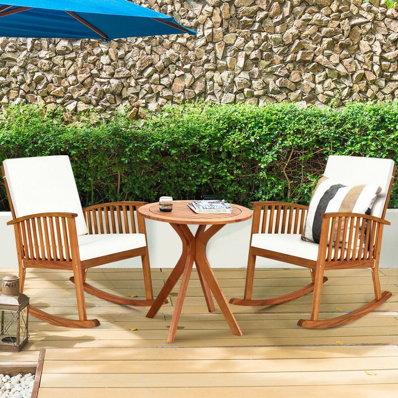 Costway 3PCS Patio Rocking Chair Set Round Table Solid Wood Cushioned Sofa Garden Deck, 2 of 10