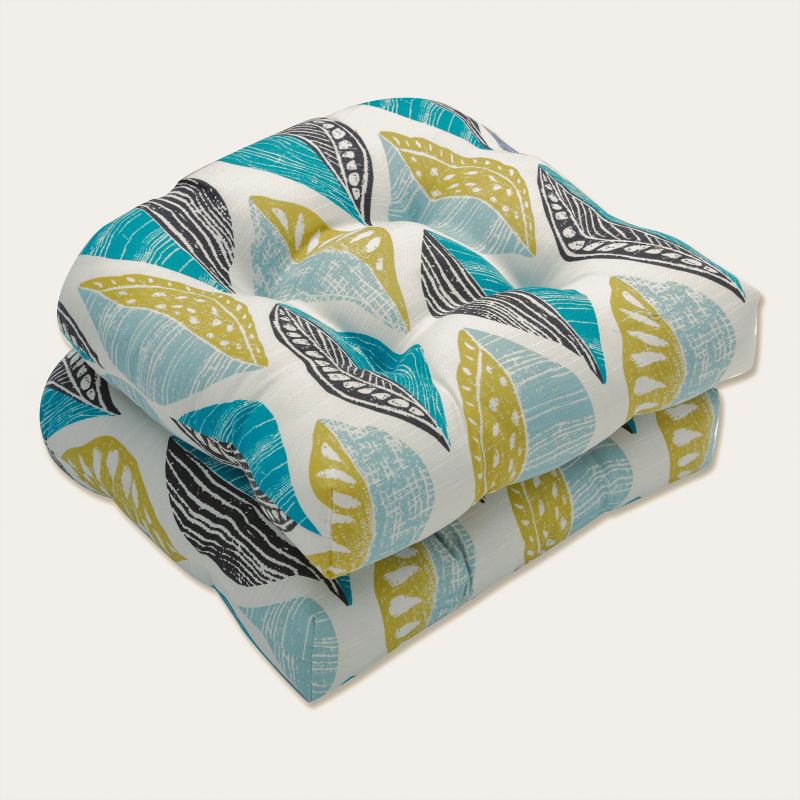 Set of 2 Leaf Block Outdoor/Indoor Wicker Seat Cushions Teal/Citron - Pillow Perfect, 1 of 6