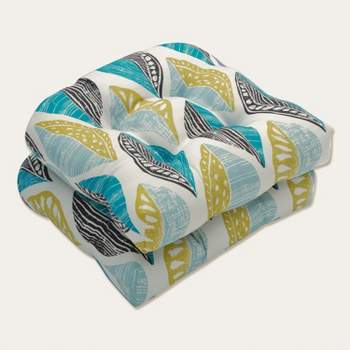 Set of 2 Leaf Block Outdoor/Indoor Wicker Seat Cushions Teal/Citron - Pillow Perfect