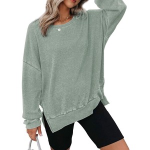 BLUEMING Sweatshirt for Women Oversized Waffle Knit Crewneck Sweatshirts Long Sleeve Side Slits Pullover Tops - 1 of 4