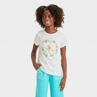 Target : Xs - \'flower Short Girls\' Jack™ T-shirt Graphic & Peace\' Cat Sleeve Cream