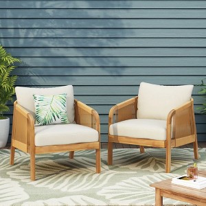 Gulches Acacia Wood & Faux Rattan Outdoor Club Chair - Deep Seating, Water-Resistant Soft Cushion, Slat Panel Design, Brown & Beige - 1 of 4