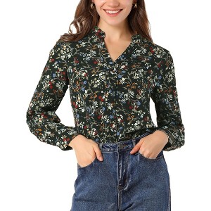 Allegra K Women's Floral Loose V Neck Long Sleeve Button-Up Shirt - 1 of 4