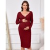 WhizMax Maternity Women's Ribbed Knit Adjustable Drawstring Halter Tie V Neck Long Sleeve Side Slit Midi Dress For Baby Shower - 4 of 4
