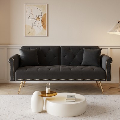 69.7" Velvet Tufted Sofa Bed with Nailhead Trim and Gold Legs,Convertible 2-Seater Couch with Pillows-The Pop Home