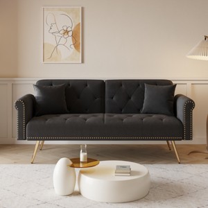 69.7" Velvet Tufted Sofa Bed with Nailhead Trim and Gold Legs,Convertible 2-Seater Couch with Pillows-The Pop Home - 1 of 4