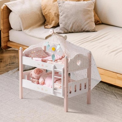 ROBOTIME Doll Furniture Doll Bunk Bed Baby Doll Beds Wooden Doll Cribs Cradle for 18 Inch Doll, Dollhouse Furniture, Pink, 11.9"*21.7"*18.1"
