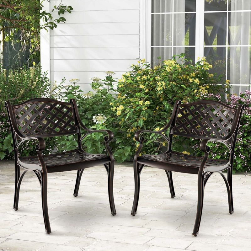 Costway 2/4 PCS Cast Aluminum Patio Chairs Set of 2 All Weather Outdoor Dining Chairs with Armrests Bronze, 2 of 10